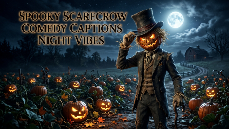 Spooky scarecrow comedy captions night vibes