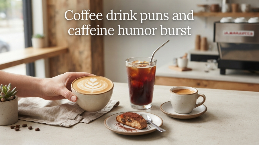 Coffee drink puns and caffeine humor burst
